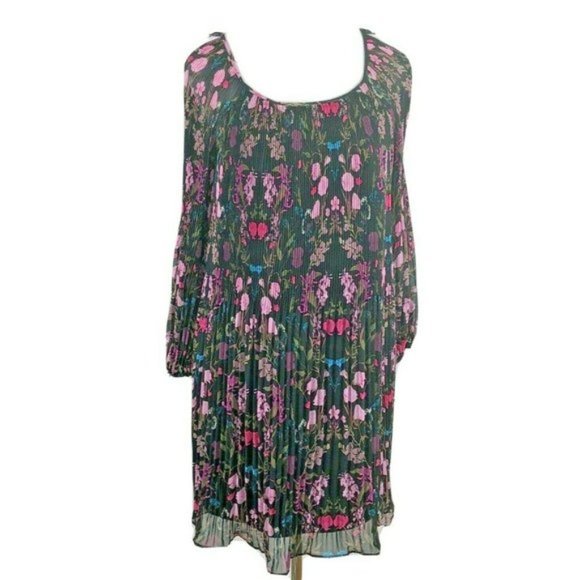 New INC International Concepts Floral Trapeze Swing Dress S Black Pleat Slit Slv - Picture 1 of 5